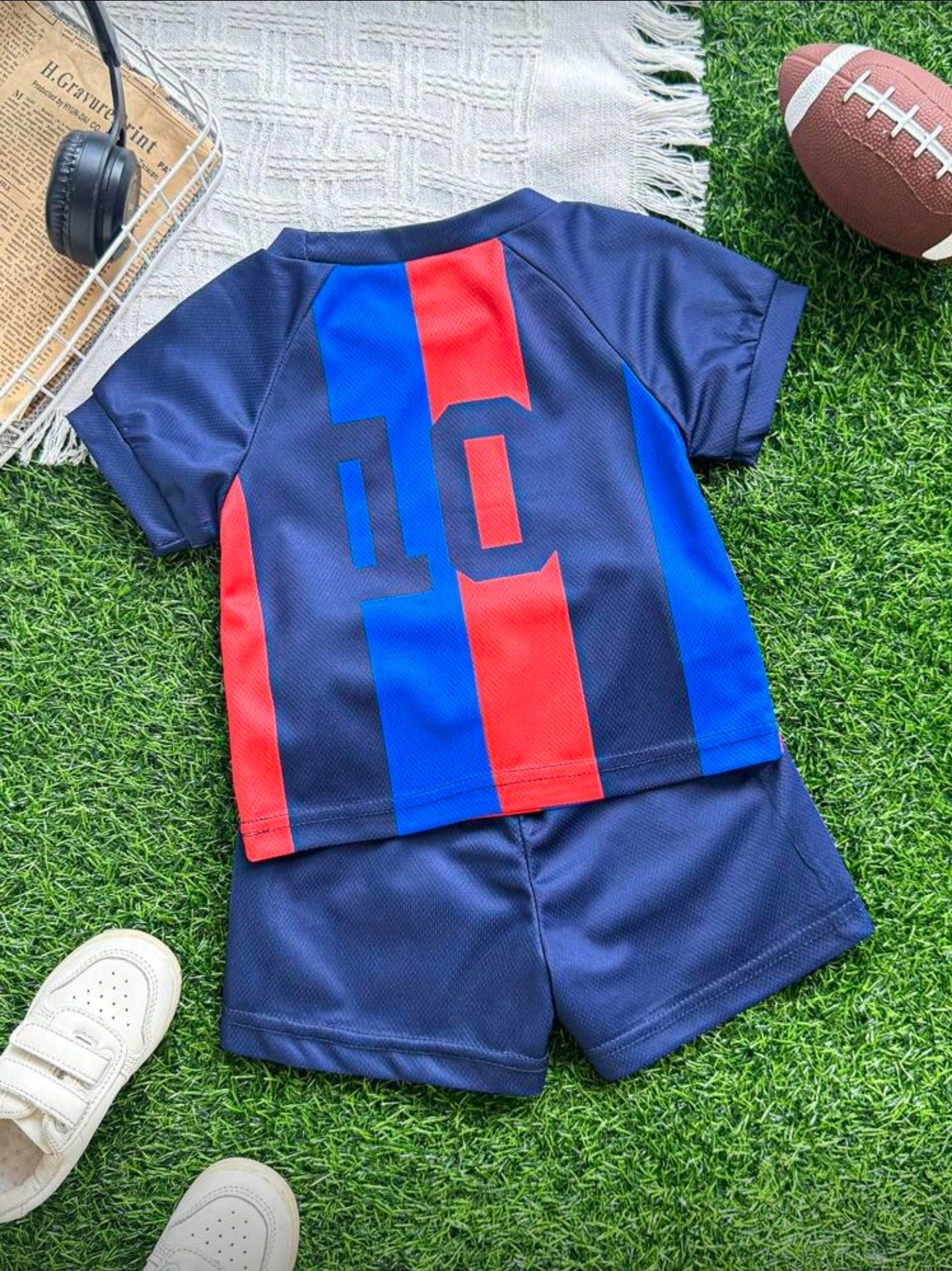 SHEIN Playful Pals Infant/Toddler Baby Boy Casual Sports Soccer Jersey Top + Shorts Set,