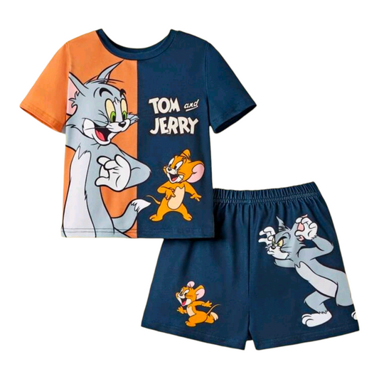 TOM & JERRY X SHEIN 2pcs Baby Boy Contrast Color Cartoon Pattern Mix-And-Match Short Sleeve T-Shirt & Shorts Set, Casual Style, Suitable For Spring, Summer, Autumn