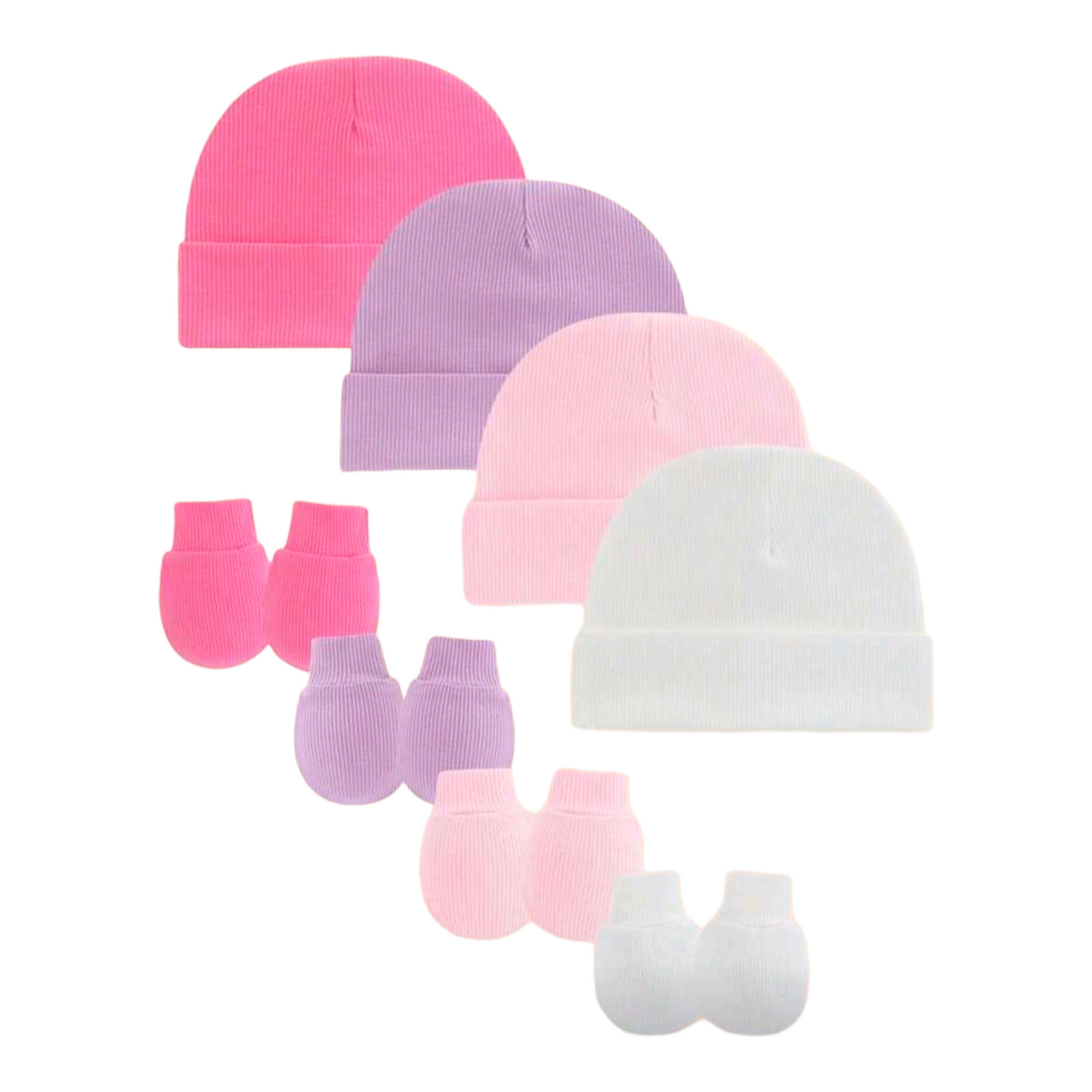 4Sets Newborn Hospital Hat Baby Hat And Anti Scratch Mittens Set For 0-3 Months Newborn Baby Girls, Solid Color, Essentials Bonnet Infant Beanie Caps And Gloves Casual Everyday Hat