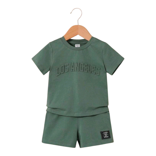 Baby Boy Letter Embossed Round Neck Short Sleeve T-Shirt & Casual Shorts Set With Check Pattern Decoration