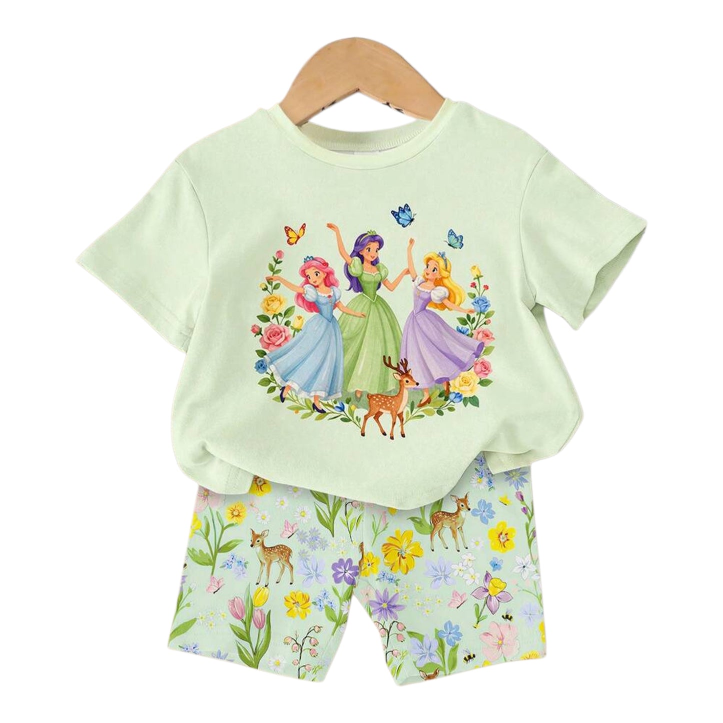1 Set Baby Girls 2-Piece Cute Sweet Elegant Cartoon Princess Floral Bow Print Round Neck Short Sleeve T-Shirt And Casual Comfortable Spring/Summer Daily Vacation Slim Fit Cycling Shorts Set