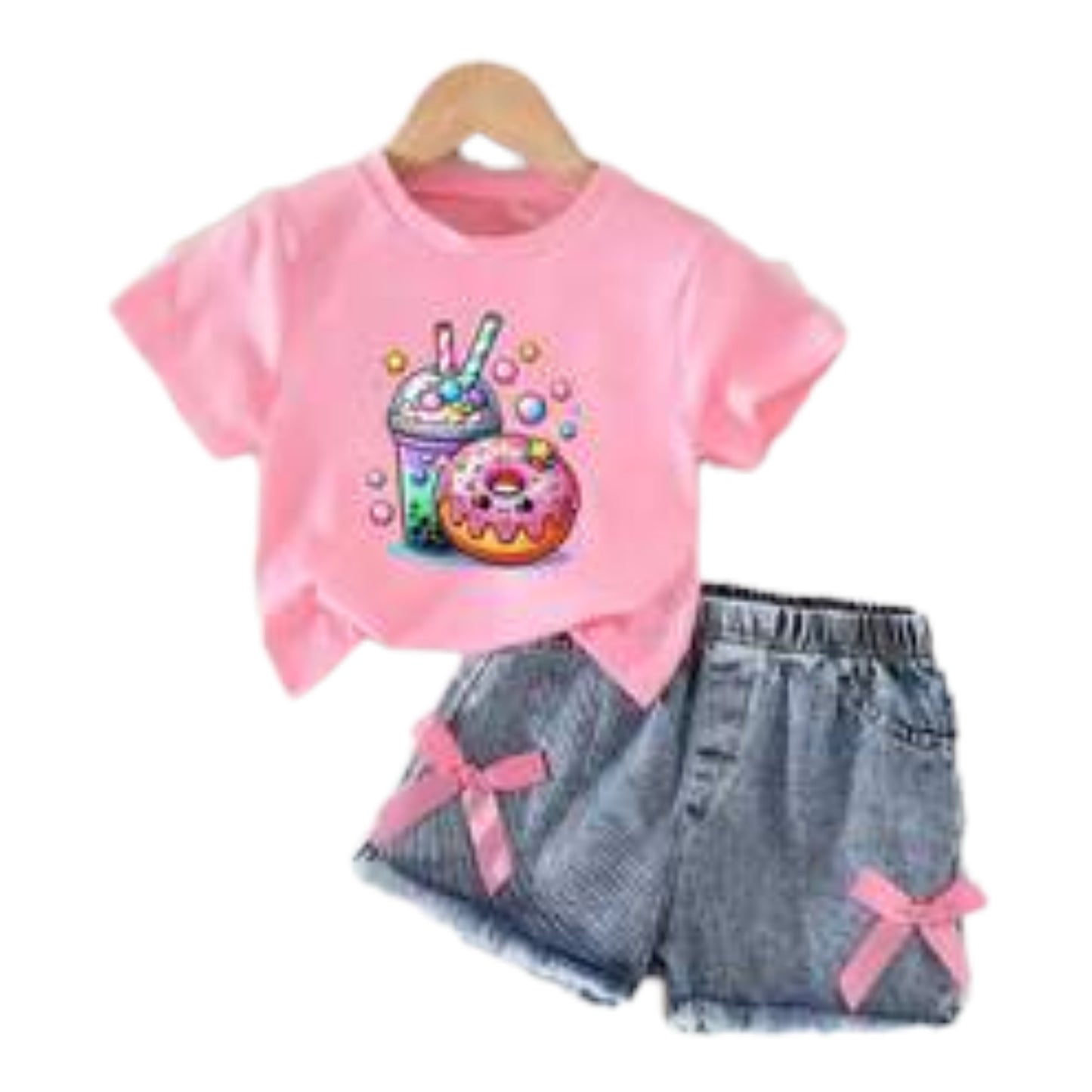 Baby Girl Cartoon Print Short Sleeve Top And Solid Color Denim Shorts