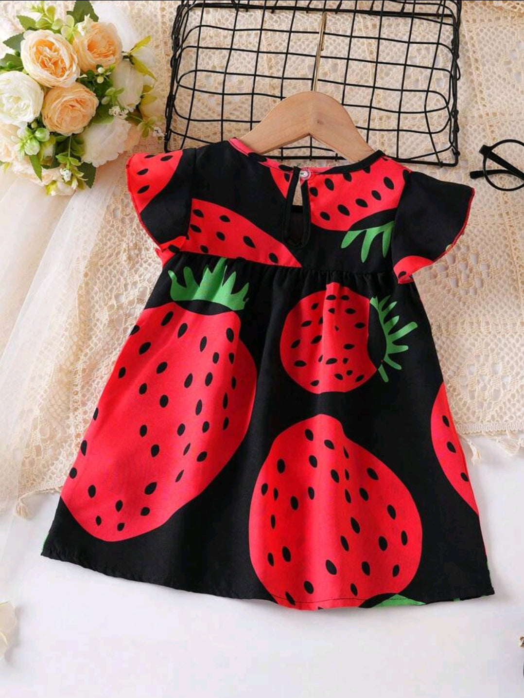 Baby Girl Cute Little Fly Sleeve Strawberry Print Princess Dress Suitable For Summer Wear -(size 6-9M)