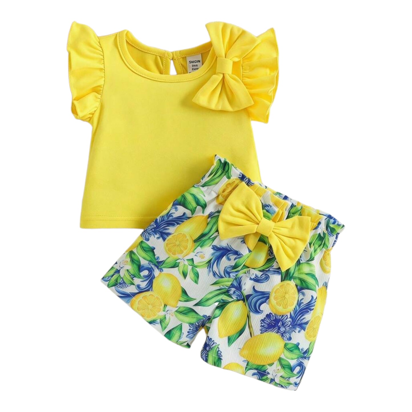 SHEIN Baby Girl Round Neck Bow Decor Ruffle T-Shirt And Shorts Set, Suitable For Everyday Wear, Outings And Vacations, All Seasons