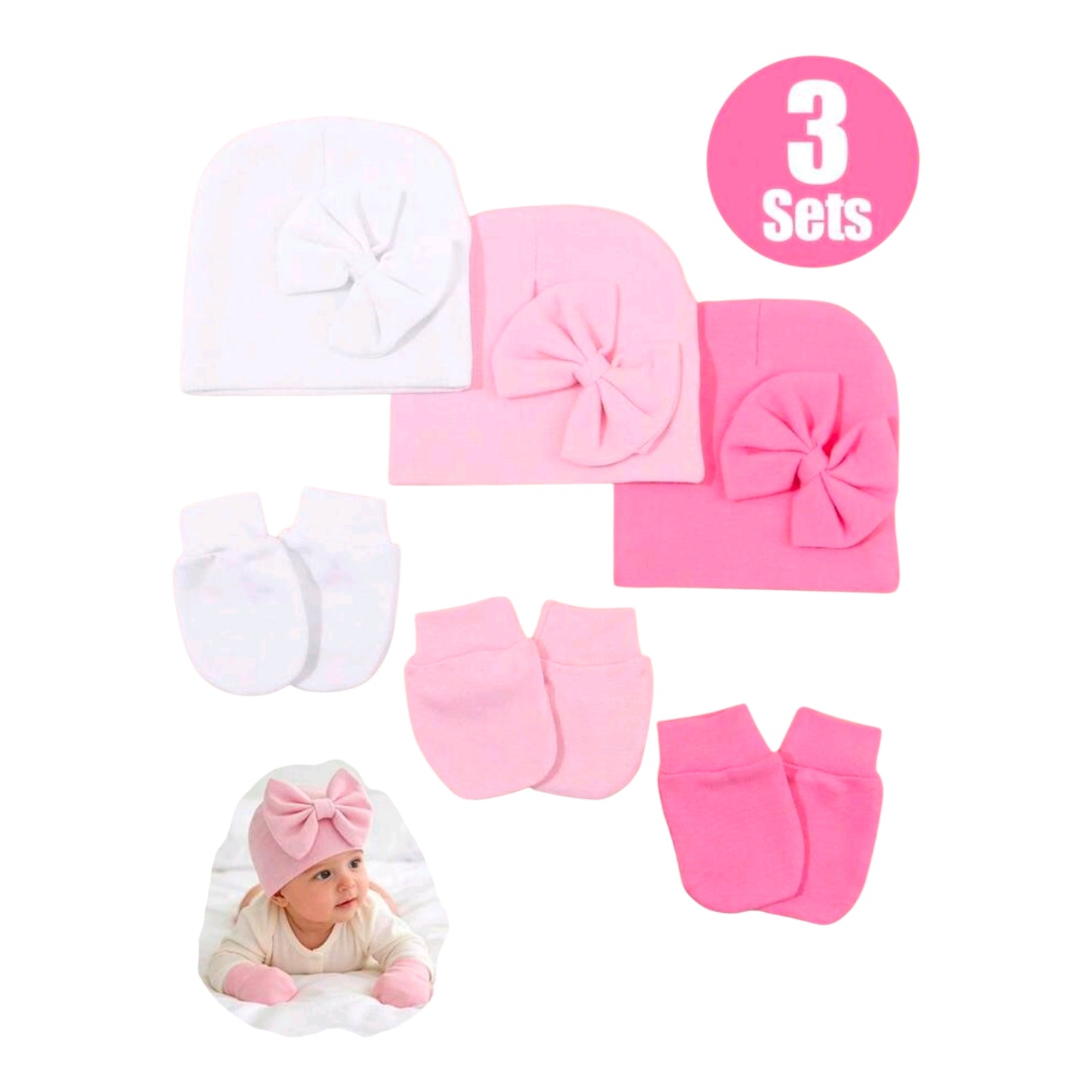 0-3M Newborn Baby Girl Soft Bow Hat & No Scratch Mitten Set, Skin-Friendly Infant Beanie, Baby Shower Coming Home Gift