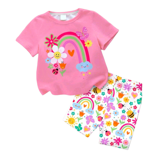 SHEIN Happikins Baby Girl Casual Cute Graphic Flower, Face, Rainbow, Insects, Butterfly Print Round Neck Short Sleeve T-Shirt And Leggings Set, Suitable For Spring/Summer Baby Girl Clothes, Toddler Girl Clothes Baby Girl Clothes Sets Summer Infant Girl Sh