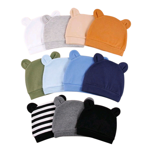 6pcs Random 0-3 Months Baby Infant Solid Color & Printed Ear Decor Warm Protective Cute Daily Casual Beanie Hats, Suitable For Newborns Outdoor Daily Use