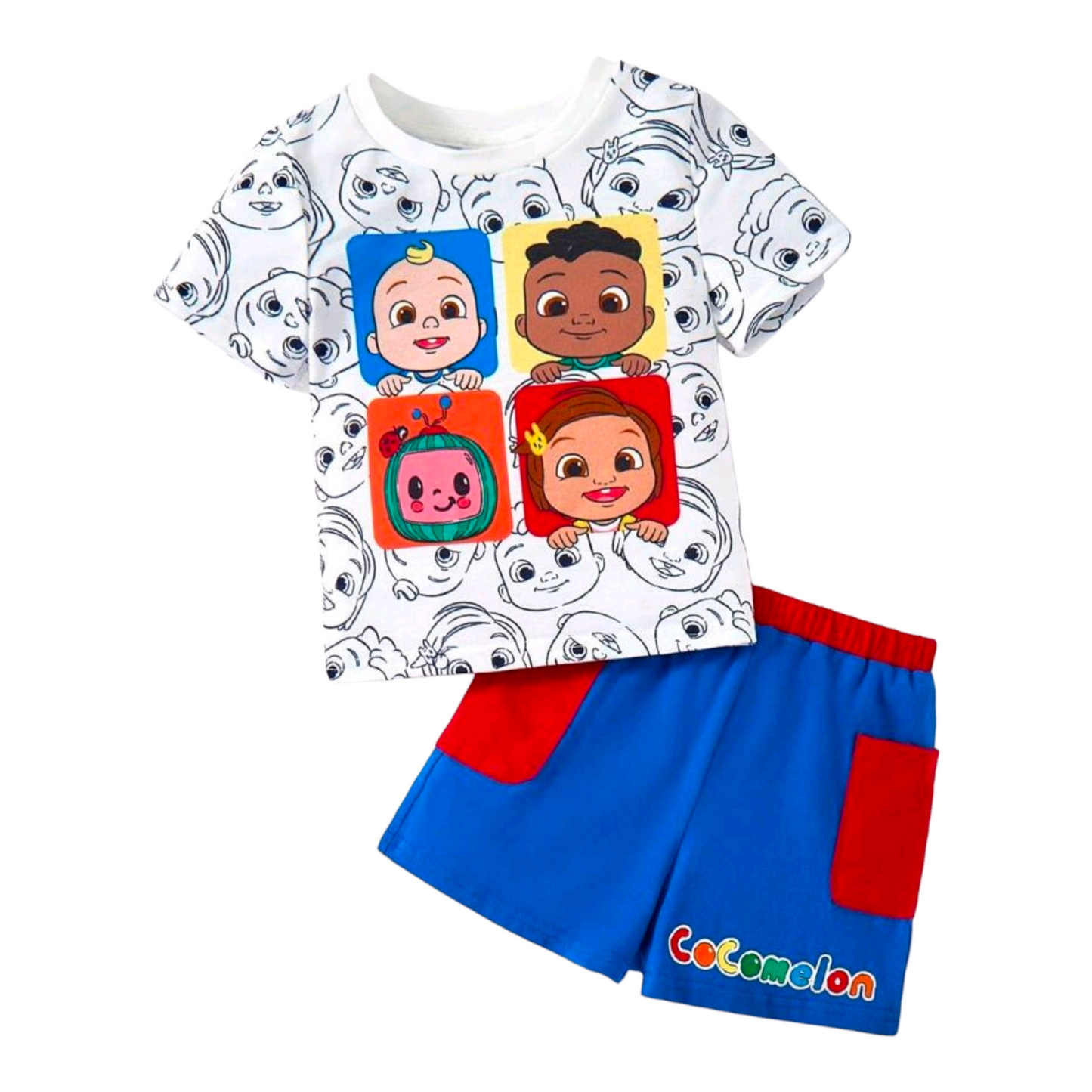 CoComelon X SHEIN 2pcs Baby Boy Cartoon Character Print Short Sleeve T-Shirt And Contrast Pocket Design Shorts 2-Piece Summer Outfit