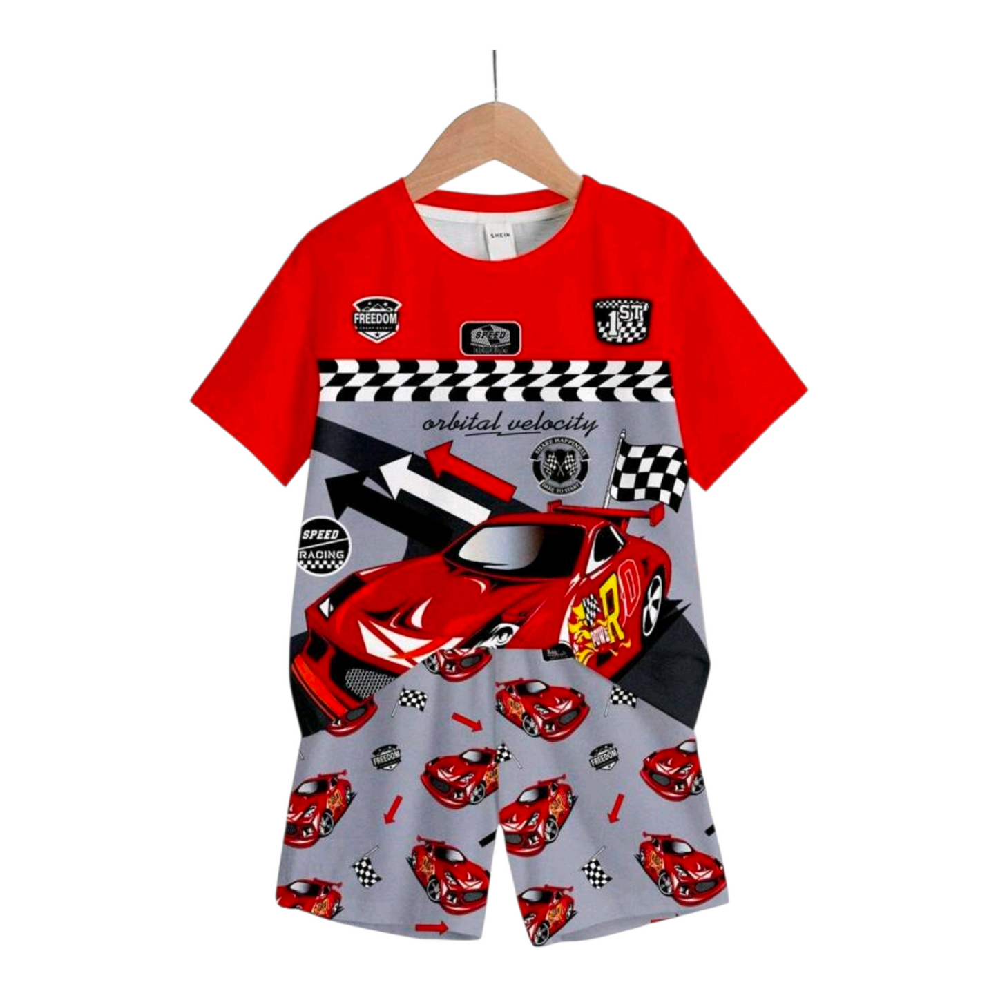SHEIN 2pcs/Set Baby Boy Casual Stylish Cool Racing Culture Print Round Neck Short Sleeve T-Shirt And Shorts Suit, Summer