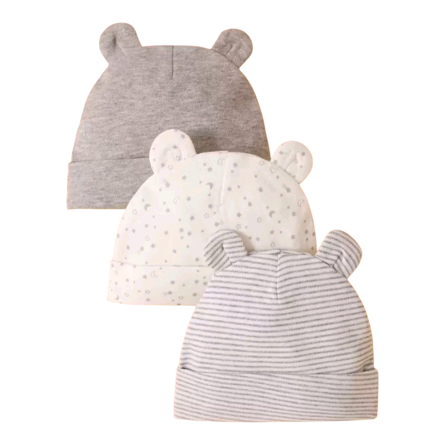 momscare 3pcs Grey Star & Moon Pattern Hats, Soft & Comfortable Bear Ear Caps Suitable For Newborns And Infants