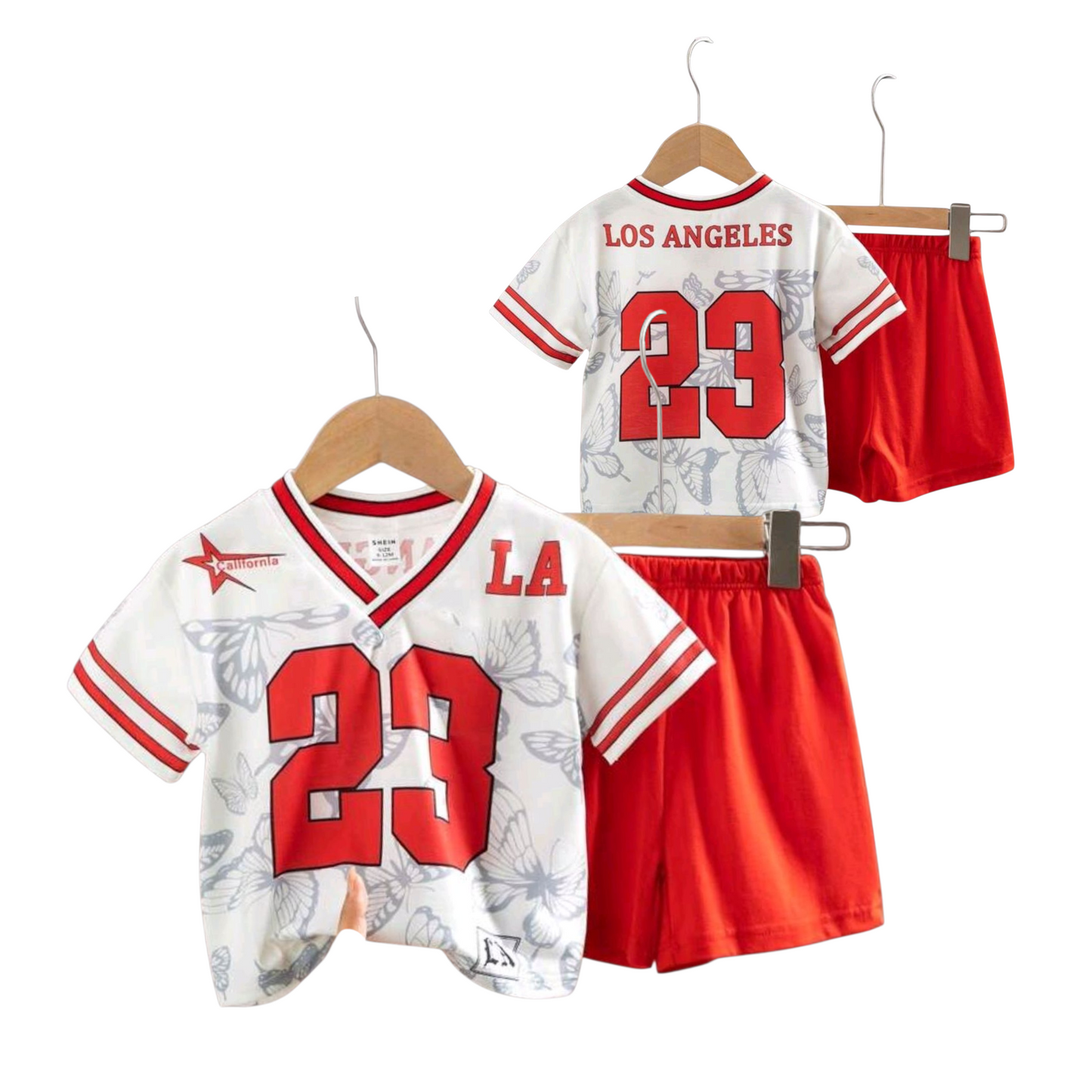 SHEIN 2pcs Baby Boy Casual Sports 23 Number Print V-Neck Short Sleeve T-Shirt And Shorts Set -(size 9-12M)