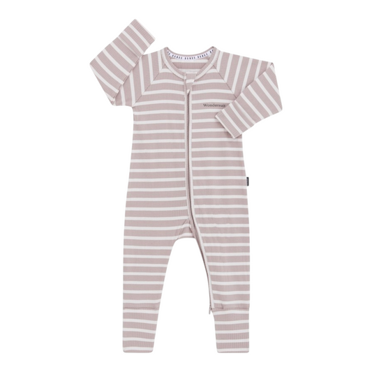 Bonds Baby Stripe Rib Zip Wondersuit - Taupe