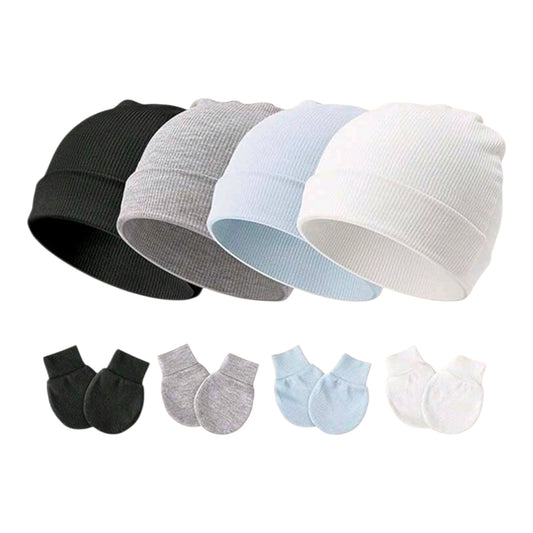 4pcs Newborn Hospital Hat & Scratch Mittens Set, Suitable For 0-3 Months Baby Girls, Essential Infant Hat, Knit Cap And Gloves, Casual Daily Wear