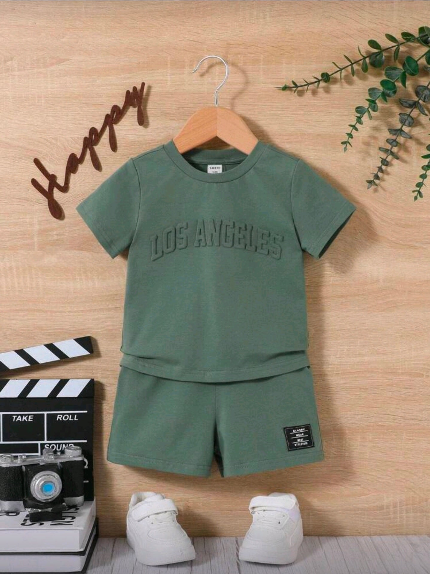 Baby Boy Letter Embossed Round Neck Short Sleeve T-Shirt & Casual Shorts Set With Check Pattern Decoration