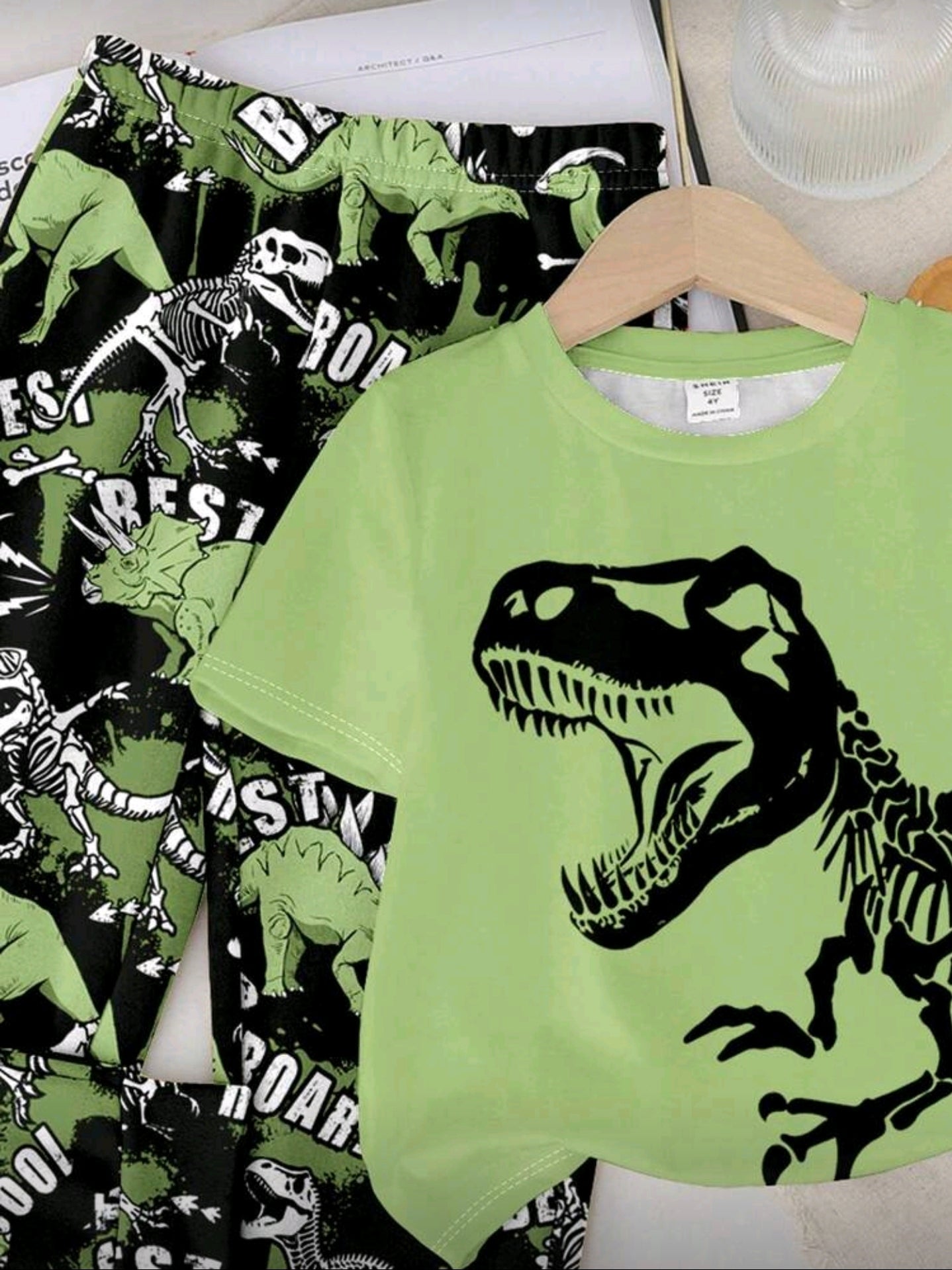 TaviRue Baby Boys Casual Style Cute Dinosaur Cartoon Animal Street Graffiti Y2K Sporty Outfit Set, Short Sleeve T-Shirt And Pants