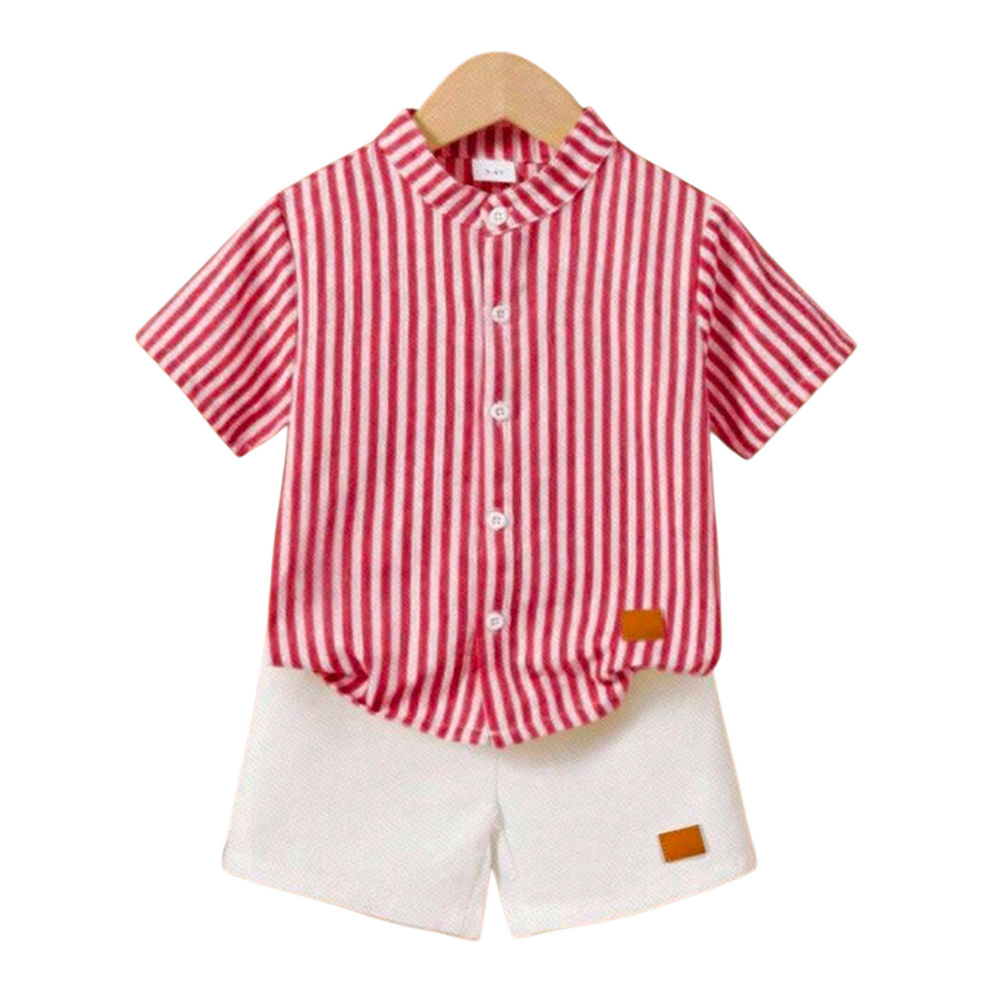 SHEIN 2pcs/Set Baby Boy Casual Striped Collared Short Sleeve Shirt And White Shorts Set, Comfortable And Versatile For Indoor, Outdoor, Daily, Sports, Play, Party, Photo Shoot, Holiday, Suitable For Spring/Summer