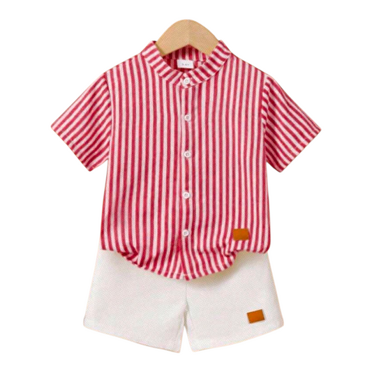SHEIN 2pcs/Set Baby Boy Casual Striped Collared Short Sleeve Shirt And White Shorts Set, Comfortable And Versatile For Indoor, Outdoor, Daily, Sports, Play, Party, Photo Shoot, Holiday, Suitable For Spring/Summer