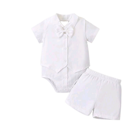 Baby Boy Christening Outfit Set, 1st Birthday Gentleman Suit, White Romper + Waistcoat + Shorts Set, Summer -(size 6-9M)