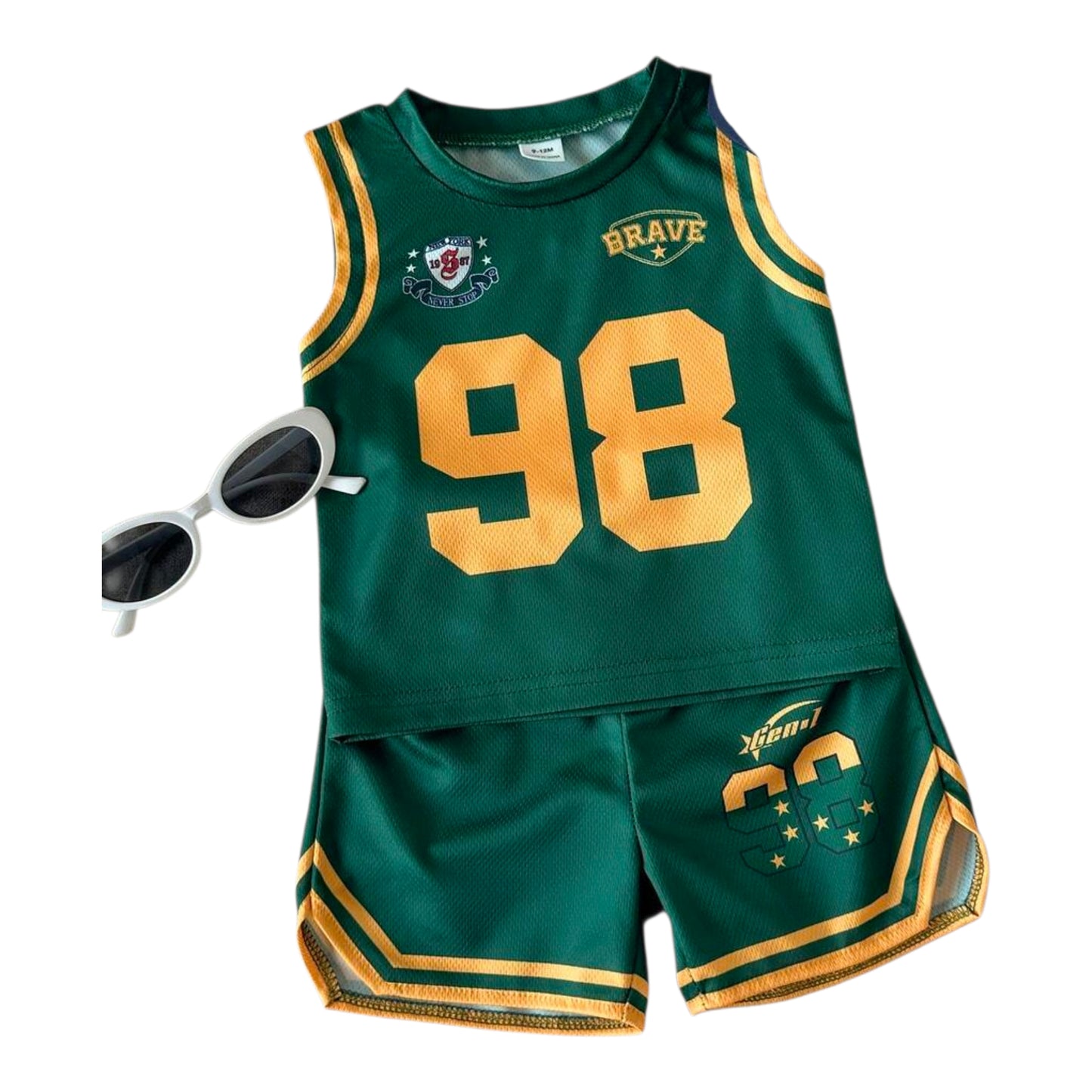SHEIN 2pcs Baby Boy Summer Outfit, Sporty Mesh Sleeveless Top With Printed English Letters & Numbers, Paired With Elastic Waist Shorts