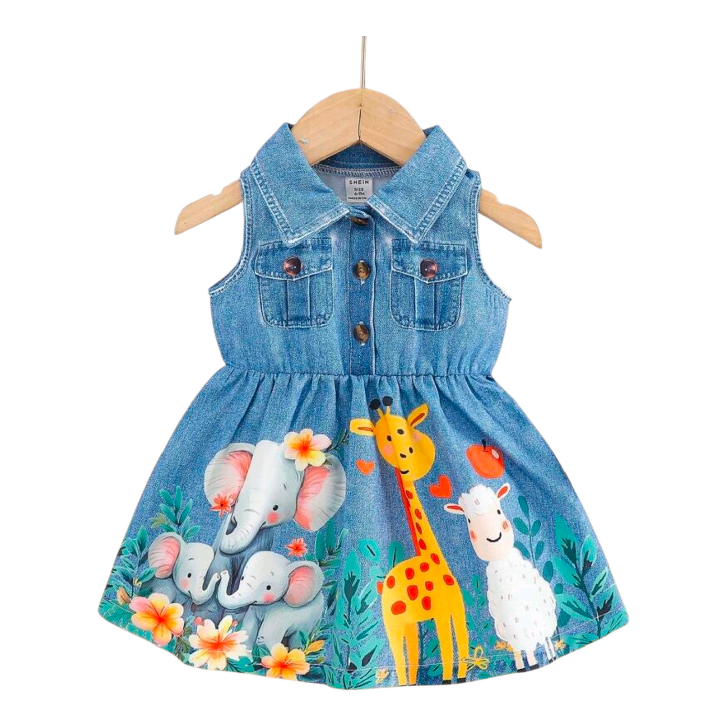SHEIN 1pc Baby Girls Turndown Collar Open Button Sleeveless Denim Print Cartoon Animal Graphic Cute Fashion Casual Vintage Blouson Dress, Light Blue Summer New Style Fall Winter