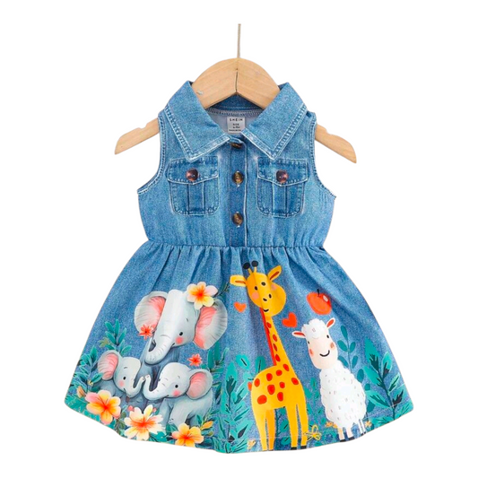 SHEIN 1pc Baby Girls Turndown Collar Open Button Sleeveless Denim Print Cartoon Animal Graphic Cute Fashion Casual Vintage Blouson Dress, Light Blue Summer New Style Fall Winter