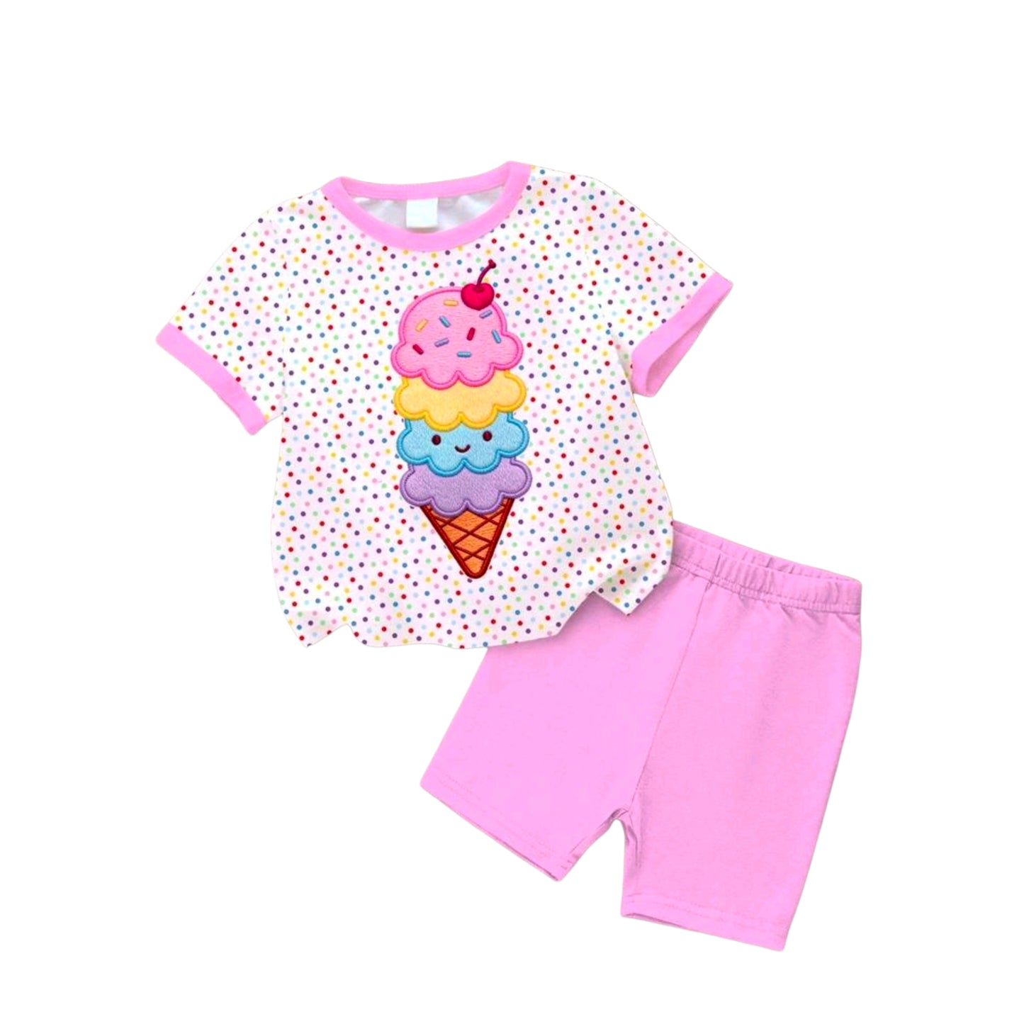 2pcs/Set Baby Girl Casual Cute Summer Ice Cream Pattern, Colorful Polka Dot Print Short Sleeve T-Shirt And Solid Color Shorts Set