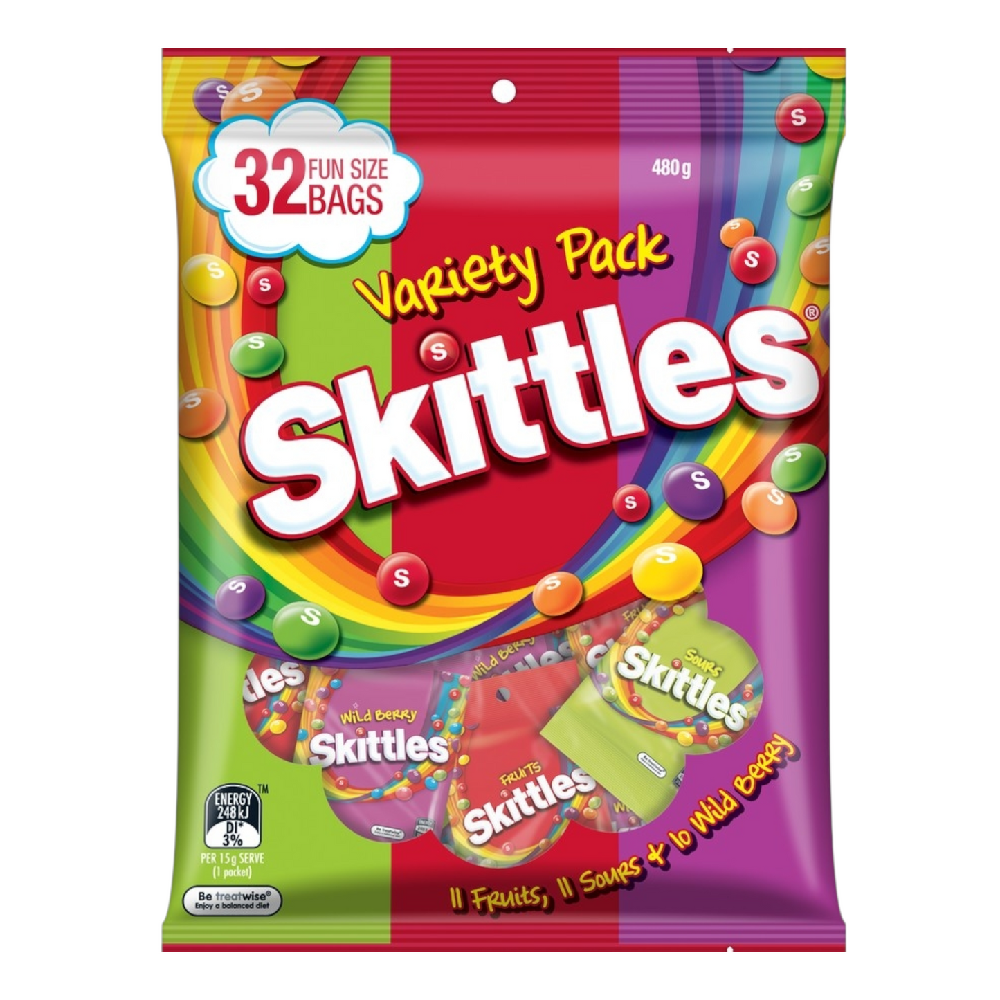 Skittles Halloween Variety Pack 32 Fun Size Bags Fruit, Sour, Wild Berry 480g