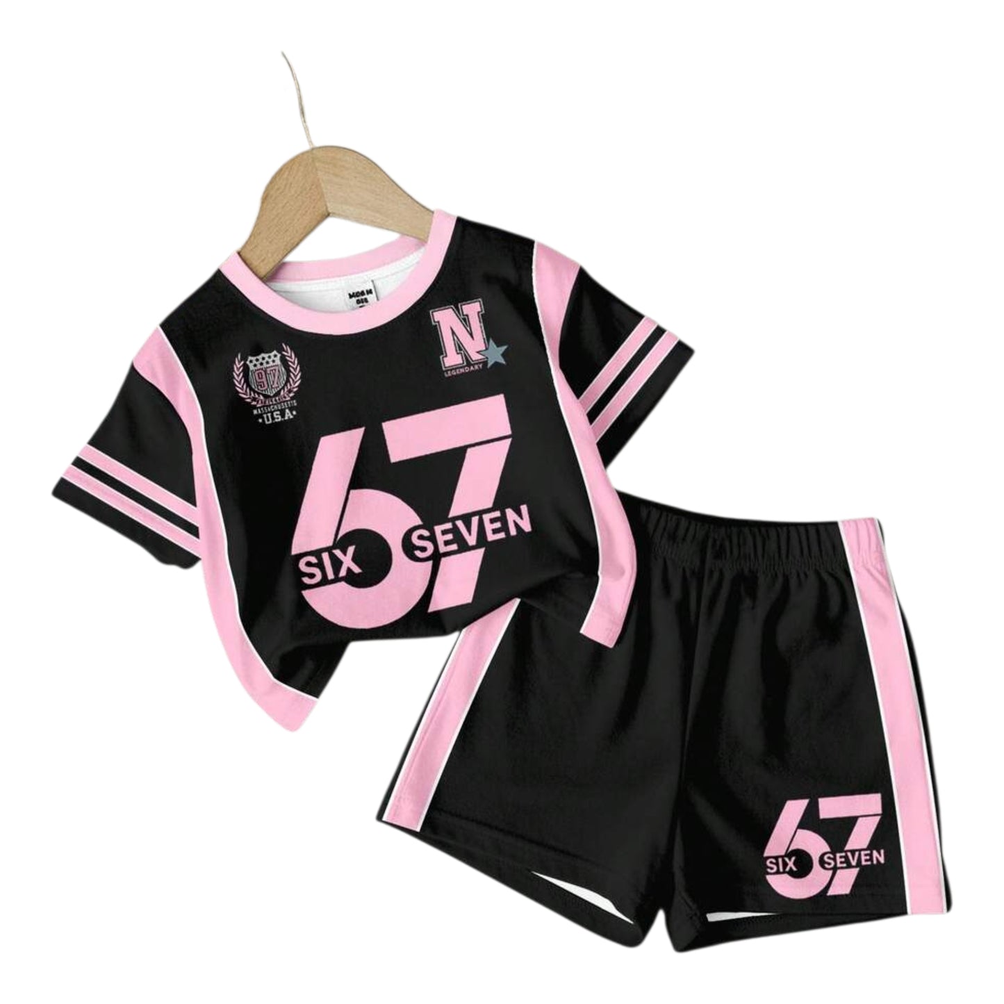 2pcs/Set Baby Girls All Black Casual Loose Fit Number 67 Graphic Print Short Sleeve T-Shirt And Shorts Set