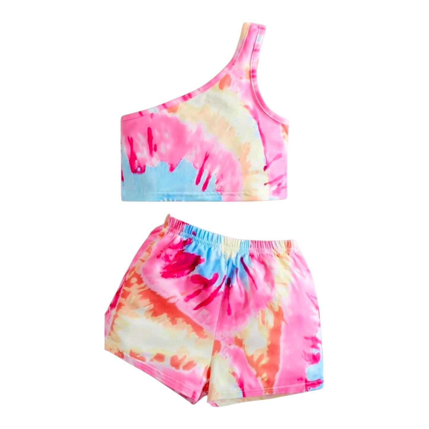 SHEIN 2pcs/Set Baby Girl Round Neck Short Sleeve Top And Elastic Waist Shorts, Suitable For Summer