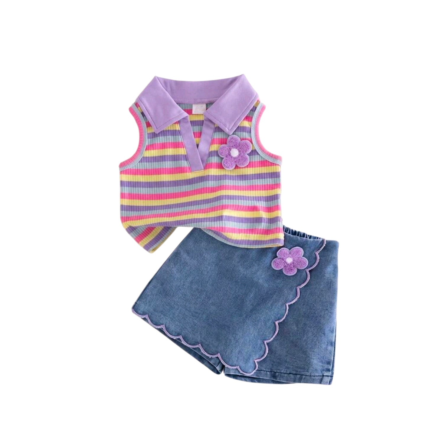 SHEIN 2pcs Baby Girls Cute Blue And Yellow Striped Vest Top&Skort Set Summer Family Matching Sleeveless Collared V-Neck Top Elastic Waist Shorts Skirt