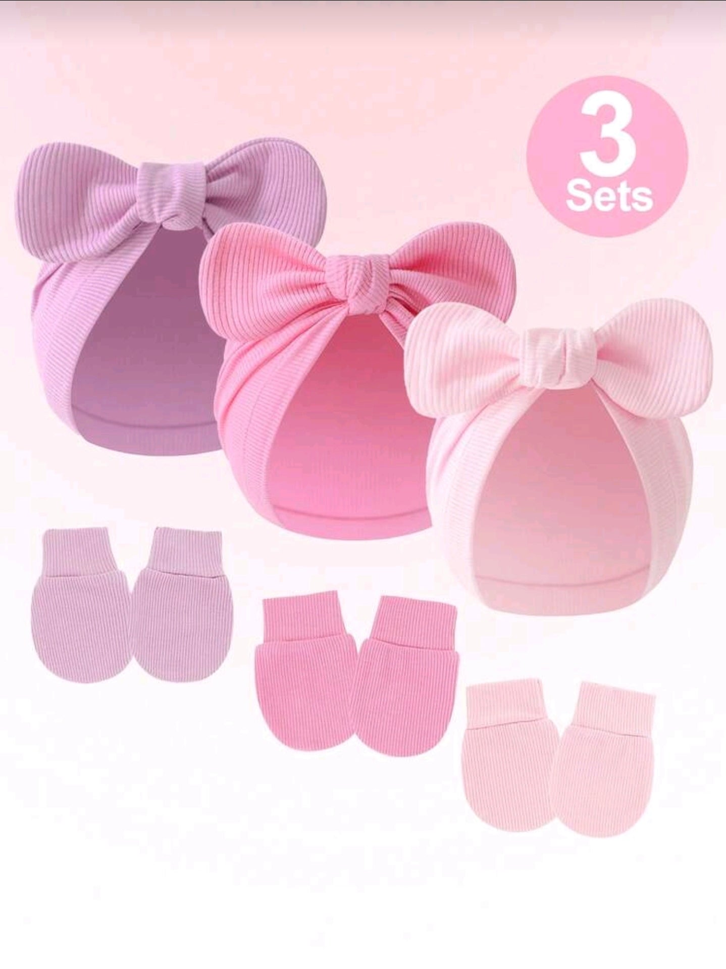 3 Sets Pink Newborn Hat, Baby Hat And Anti-Scratch Mittens Set For 0-3 Months Newborn Baby Girls, Breathable Soft Essentials Bonnet Infant Beanie Caps And Gloves For Everyday Wear