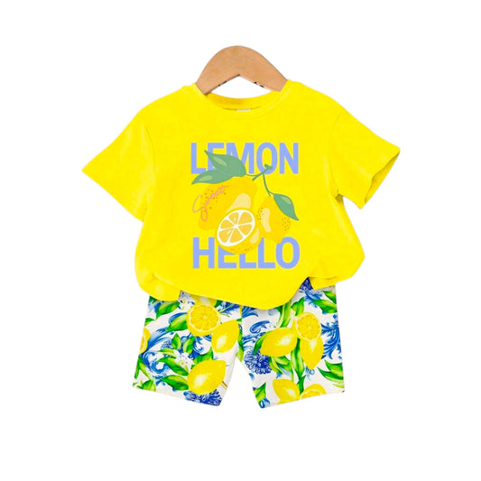SHEIN 1 Set Baby Girls' Sweet Cute Lemon Fruit & Letter Print Vacation Style Short Sleeve Round Neck T-Shirt And Shorts Set, Suitable For Spring To Summer