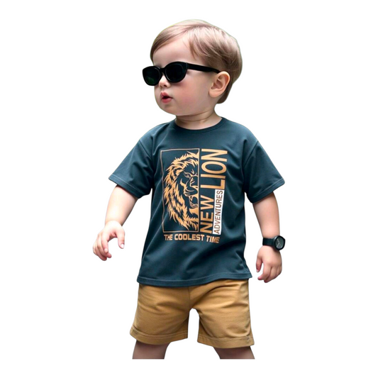 SHEIN 2pcs/Set Baby Boy Casual Lion & Leo Graphic Round Neck Short Sleeve T-Shirt & Shorts Set, Summer Toddler Boy Clothes Toddler Graphic Tee Boys Summer Outfit Lion Shirt Toddler Boy Toddler Boy Summer Clothes