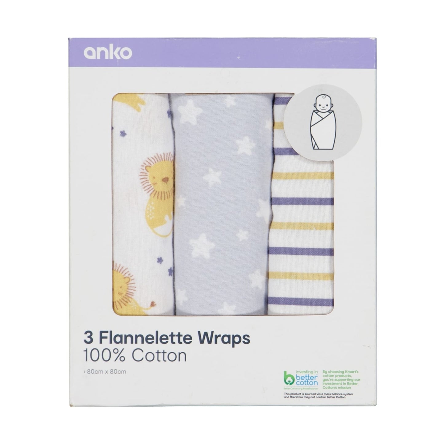 3 Pack Flannelette Wraps - Lion