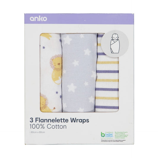 3 Pack Flannelette Wraps - Lion