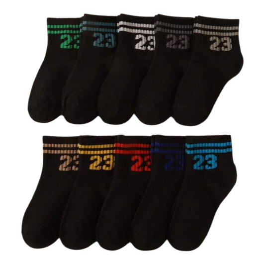 10 Pairs Kids Numerical & Bar Pattern Socks, Breathable Solid Color School Socks For Toddlers