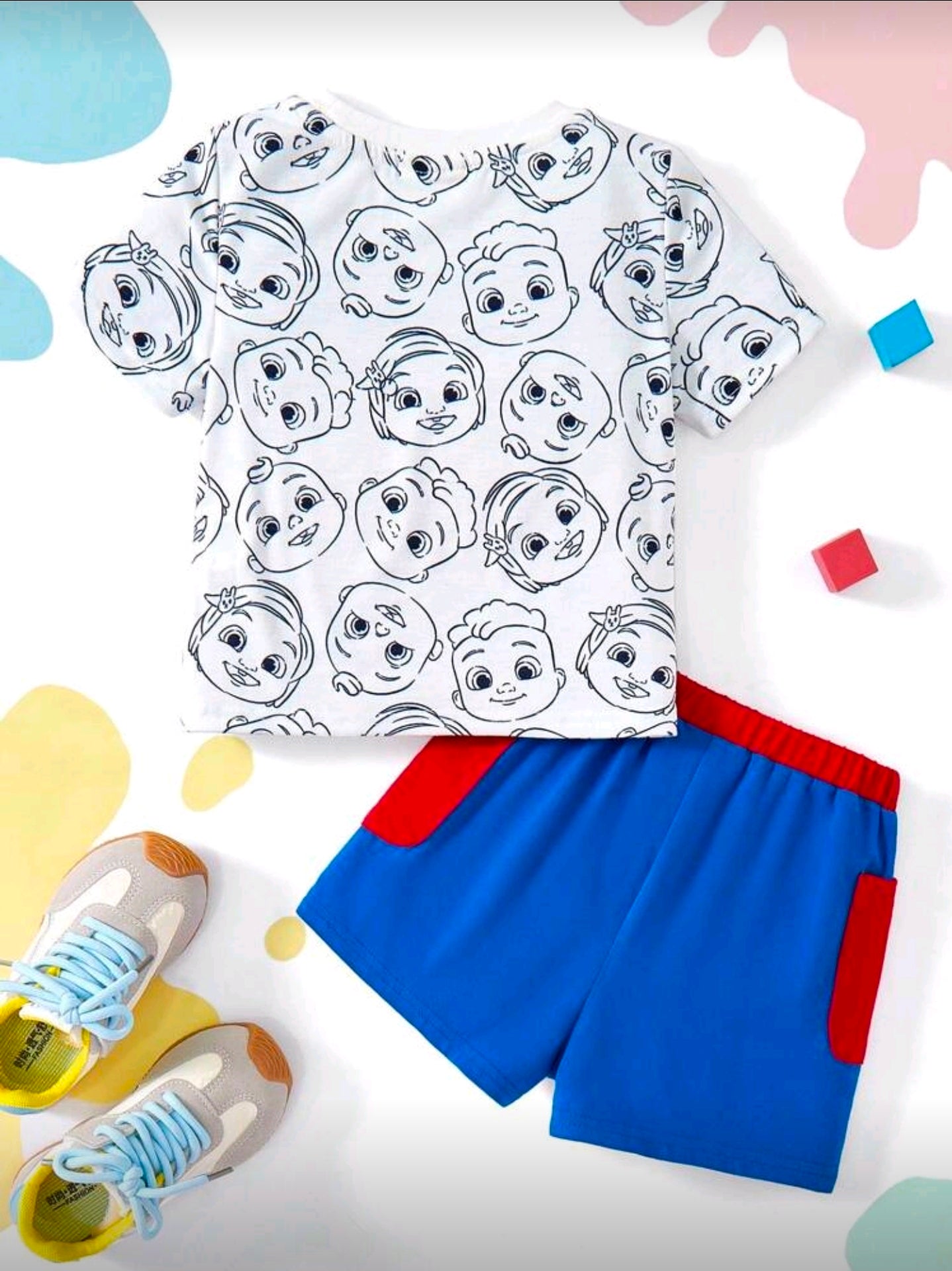 CoComelon X SHEIN 2pcs Baby Boy Cartoon Character Print Short Sleeve T-Shirt And Contrast Pocket Design Shorts 2-Piece Summer Outfit