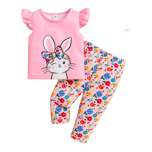 SHEIN 2-Piece Baby Girls Cute Casual Cartoon Bunny Flutter Sleeve Top And Ditsy Floral Pants Set For Summer