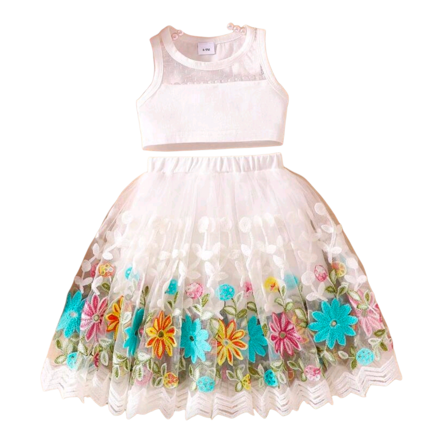 2 Pieces/Set Baby Girls Casual Cute Polka Dot Mesh Patchwork Vest Top & Heavily Embroidered Floral Mesh Patchwork Shorts Skirt, Girls Summer Outdoor Camisole&Shorts Outfit