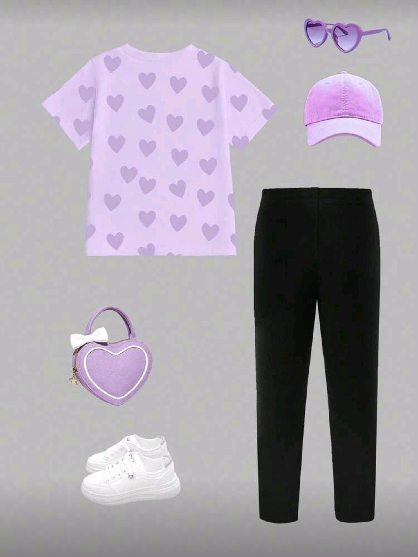 2pcs/Set Baby Girls Casual Fashion Versatile Spring/Summer Outfit, Featuring Cartoon Character All-Over Print Purple Heart Design, Loose Round Neck Purple Heart Short Sleeve T-Shirt And Black Leggings, Fashionable Casual Wear For Toddler Girls