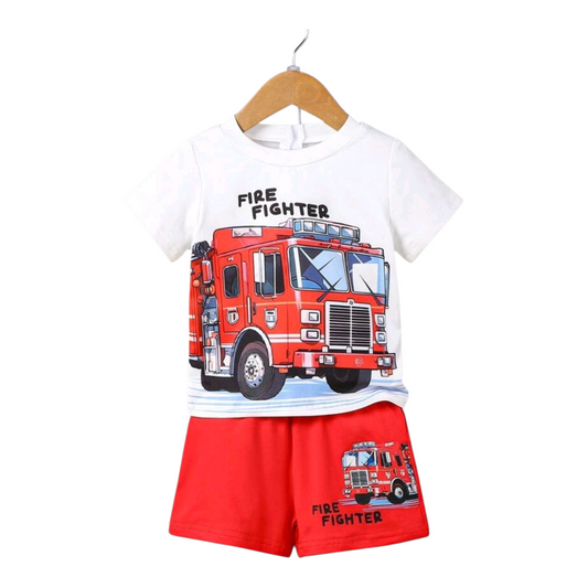 2pcs/Set Boys Casual Fire Truck Graphic Short Sleeve T-Shirt And Lightweight Comfortable Shorts Outfit, Suitable For Summer Wear, Outing And Outdoor Activities -(size 6-9M)