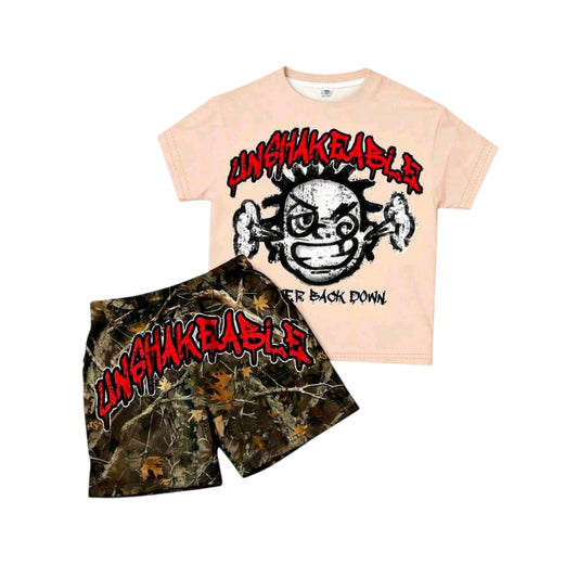 Baby Boy Casual Beige Summer Beach T-Shirt Set, Unshakable Graphic Tee & Camo Shorts, Kids 2 Piece Minimalist Outfit, Vintage Cargo Camo Clothes For Boys