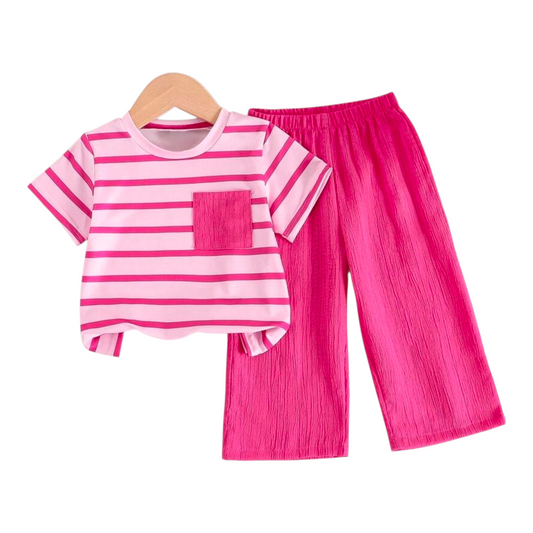 2pcs Baby Girls' Summer Short Sleeve T-Shirt And Wide Leg Pants Set, White & Pink Striped Top And Solid Color Loose Pants, Comfortable And Cute Outfit For Baby Girl, Essential Summer Clothing