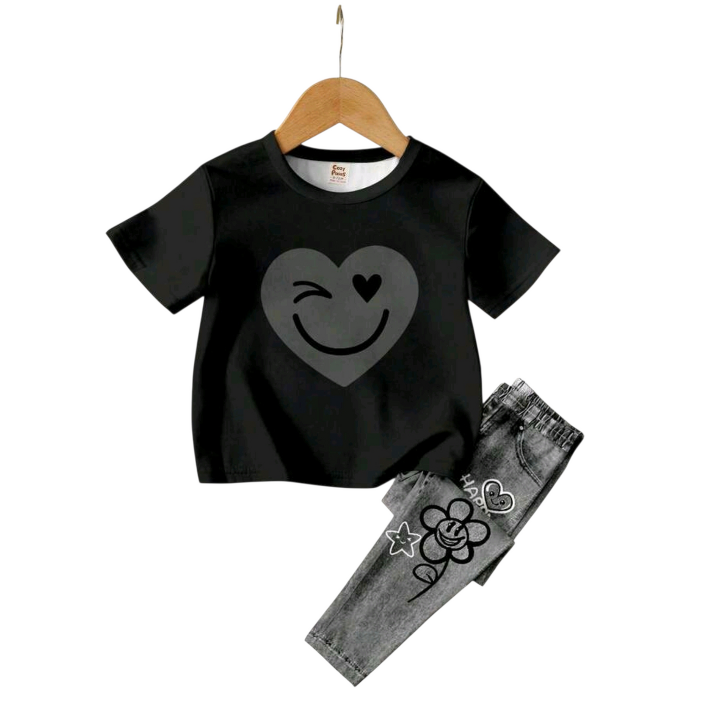 SHEIN Black & Gray, Street Style Denim Effect Smiling Face & Hand-Drawn Graphic Print, Baby Girl Casual Minimalist Soft Comfortable Round Neck Loose Short Sleeve T-Shirt And Leggings Set.