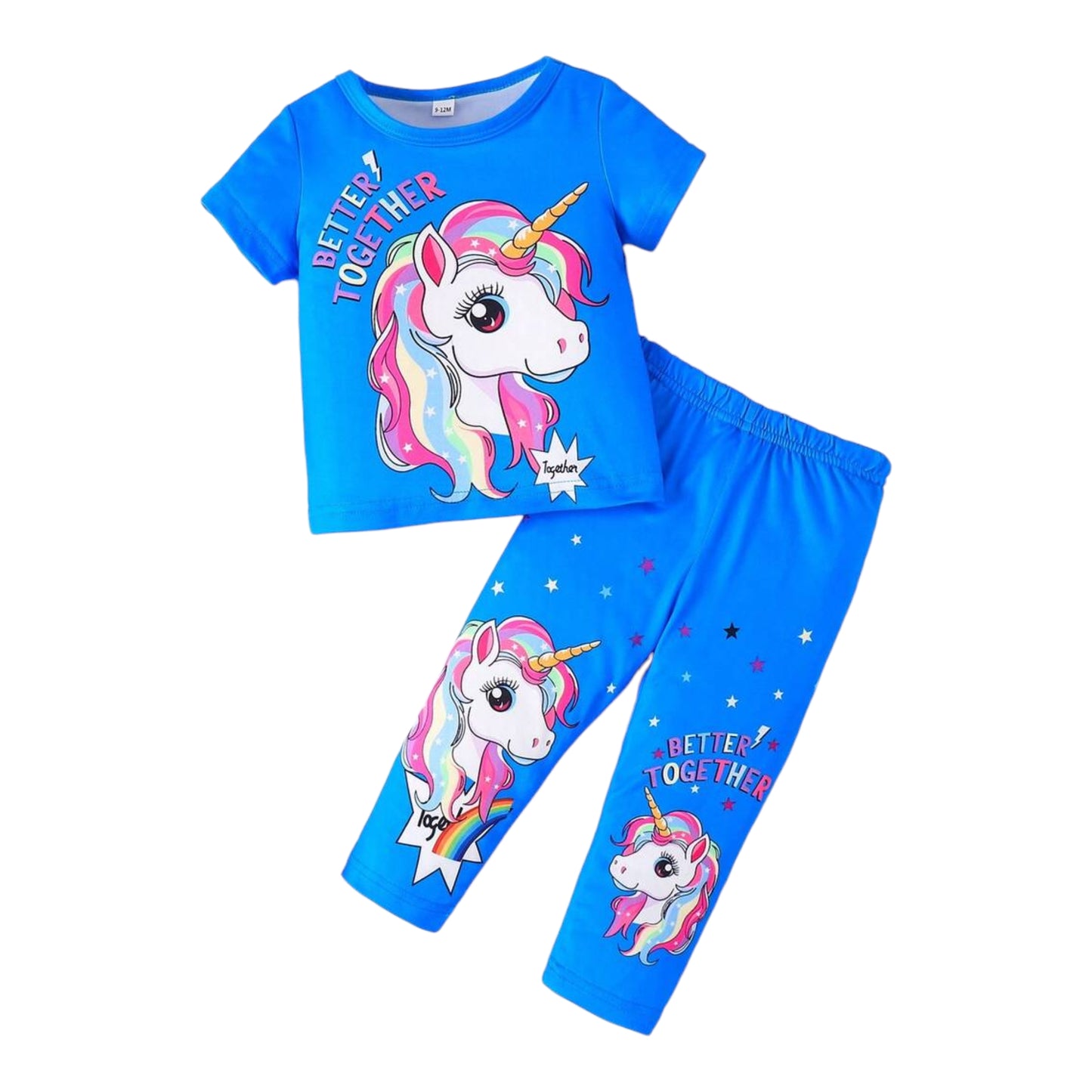 Baby Girl Fashionable Cute Unicorn Print Short Sleeve T-Shirt And Pants Set, Spring/Summer/Autumn