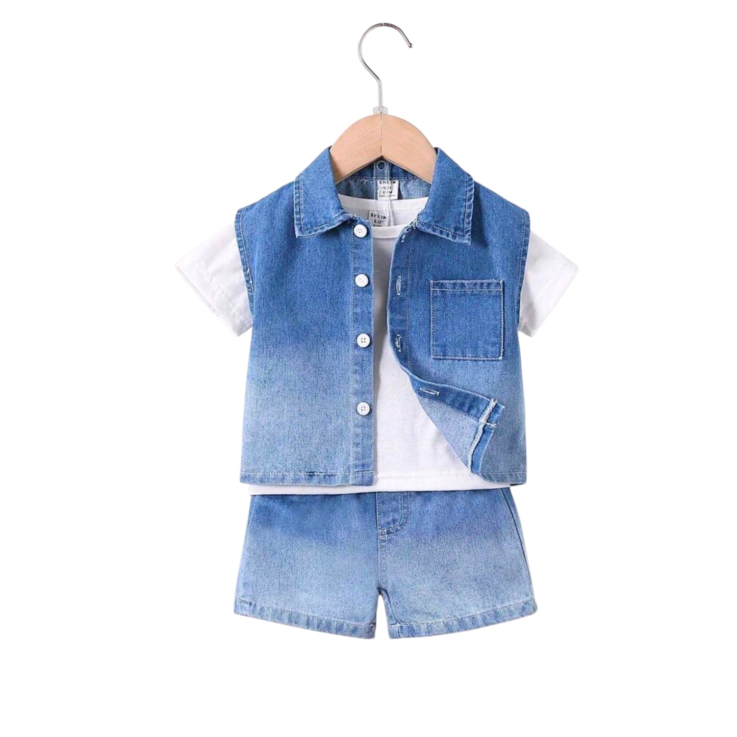 SHEIN Baby Boy 3-Piece Set White Round Neck Short Sleeve Top Sleeveless Denim Vest Jacket And Shorts Blue Summer Casual Beach Fashionable Outdoor Wear