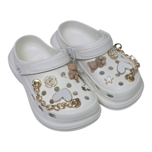White crocs with charms