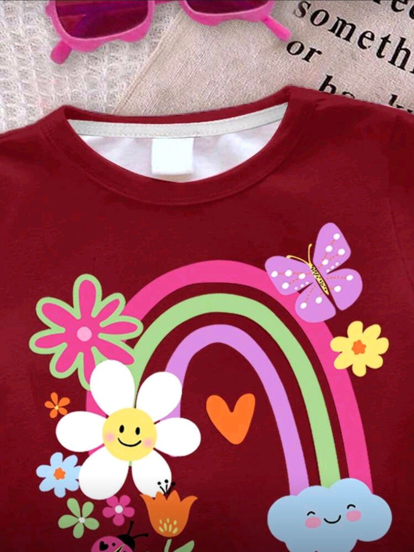 Baby Girl Casual Cute Floral, Smiling Face, Rainbow, Insect, Butterfly Print Round Neck Short Sleeve T-Shirt And Leggings Set