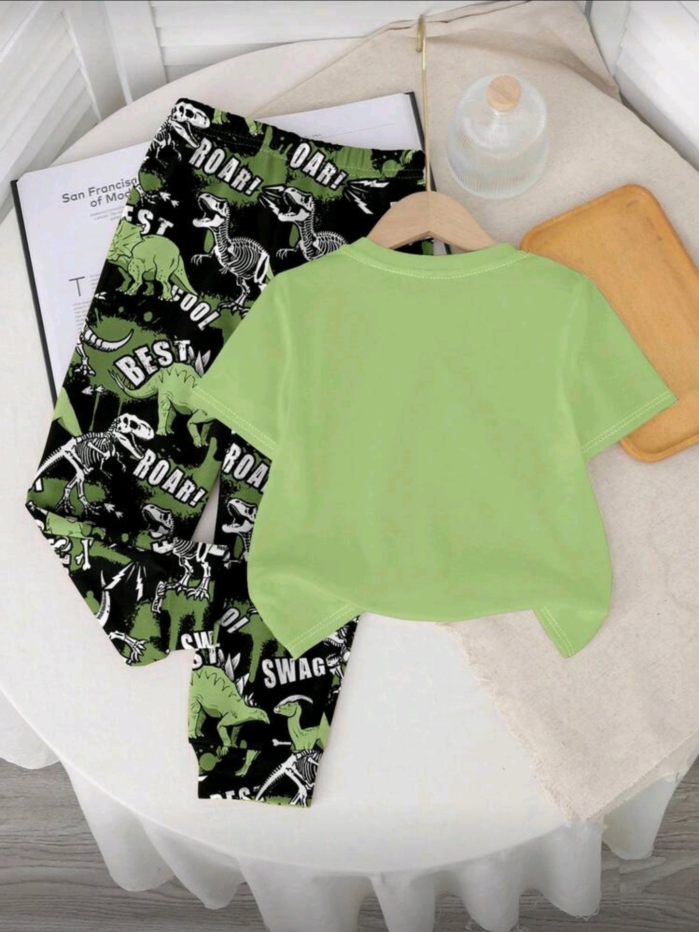 TaviRue Baby Boys Casual Style Cute Dinosaur Cartoon Animal Street Graffiti Y2K Sporty Outfit Set, Short Sleeve T-Shirt And Pants