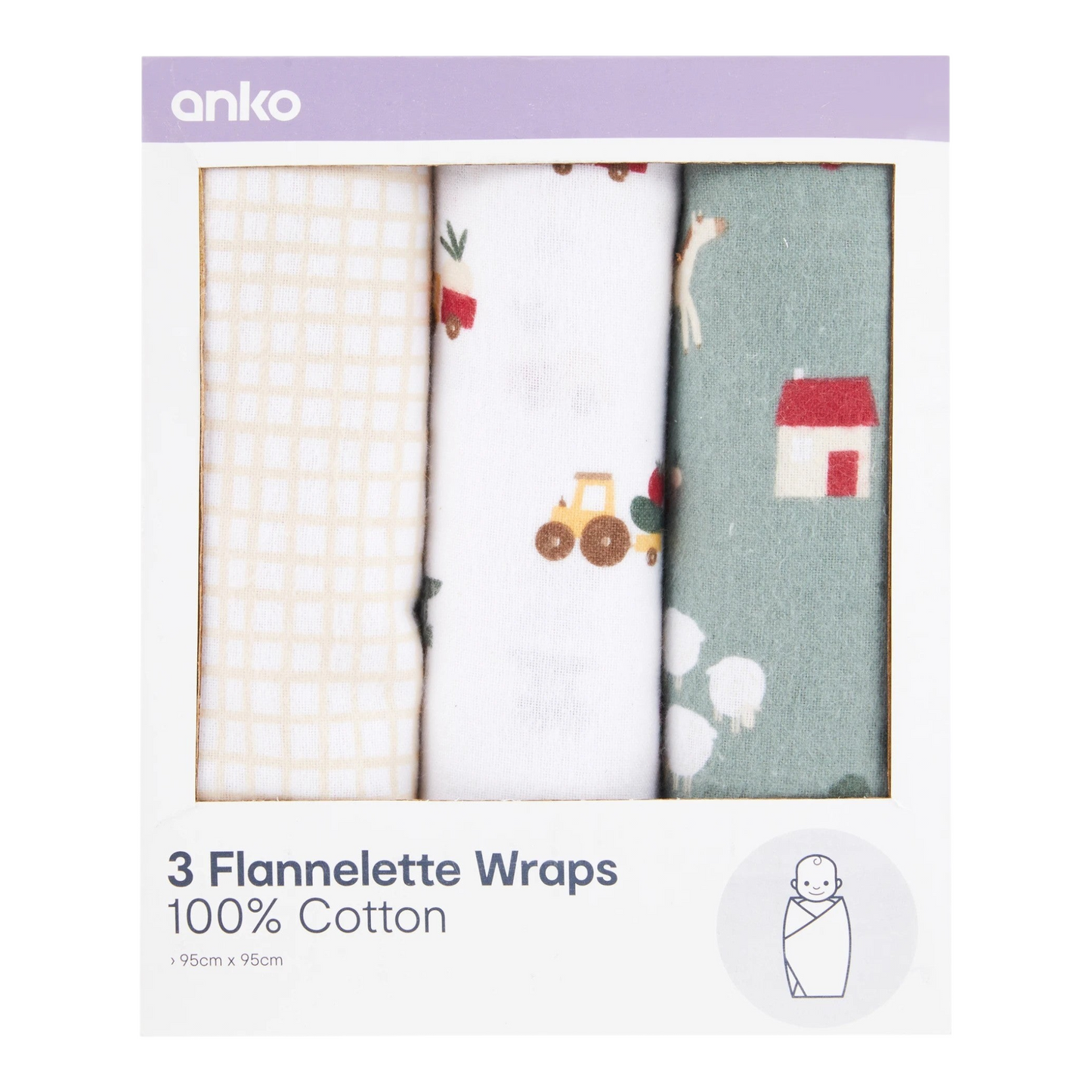 3 Pack Cotton Flannelette Wraps - Farm